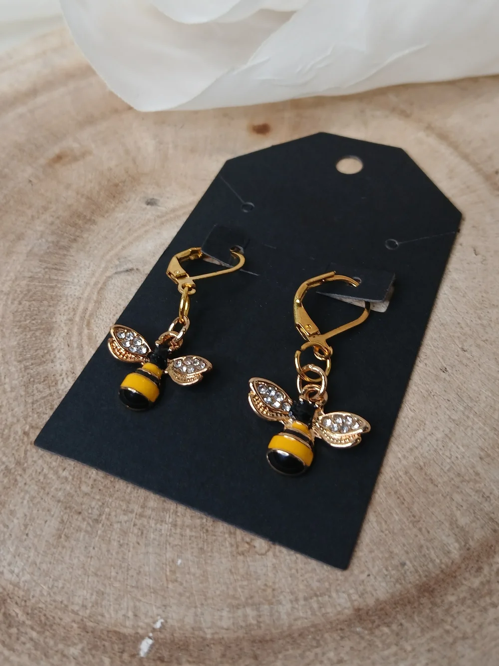 Gold Bee Drop Earrings with Yellow & Black Enamel